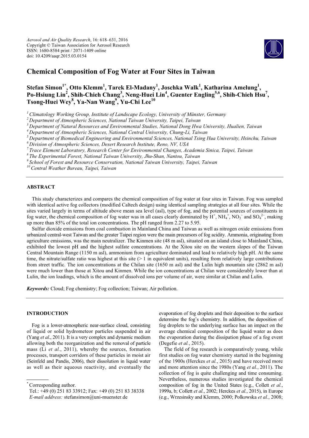 Chemical Composition of Fog Water at Four Sites in Taiwan