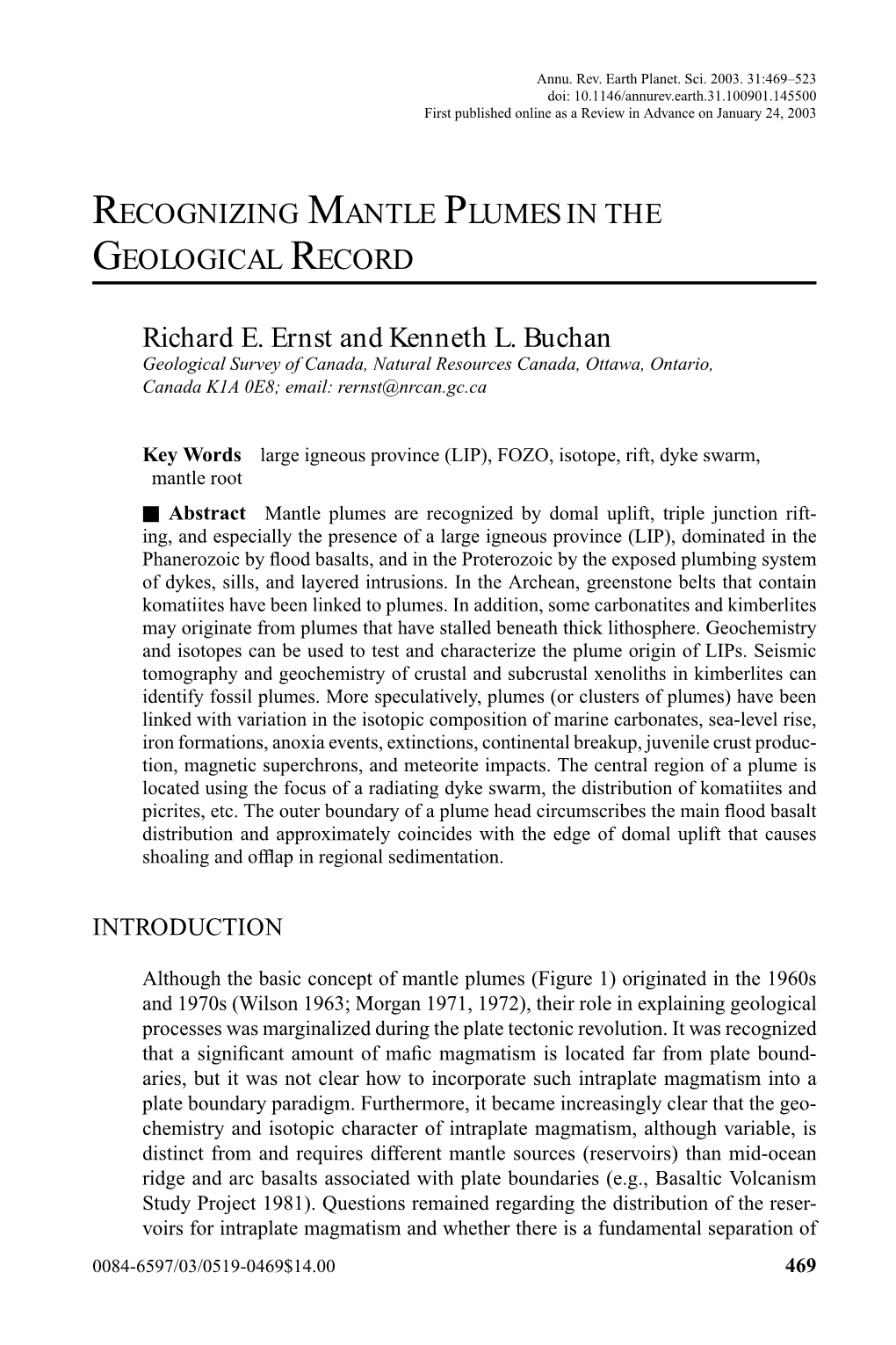 Recognizing Mantle Plumes in the Geological Record. Annual Review