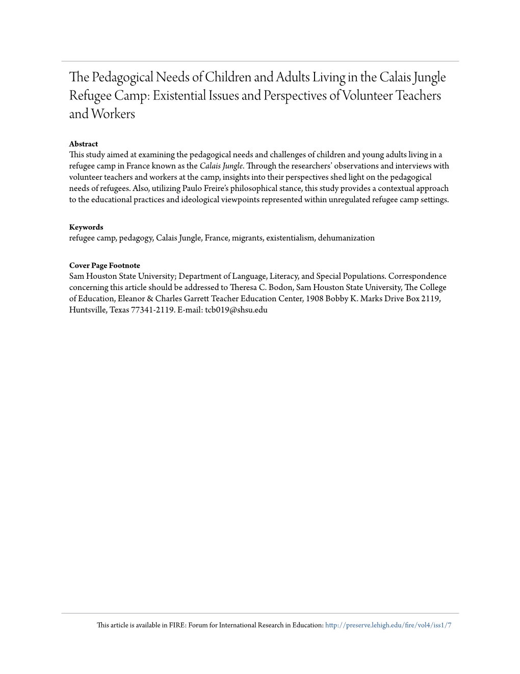 The Pedagogical Needs of Children and Adults Living in the Calais Jungle Refugee Camp: Existential Issues and Perspectives of Volunteer Teachers and Workers