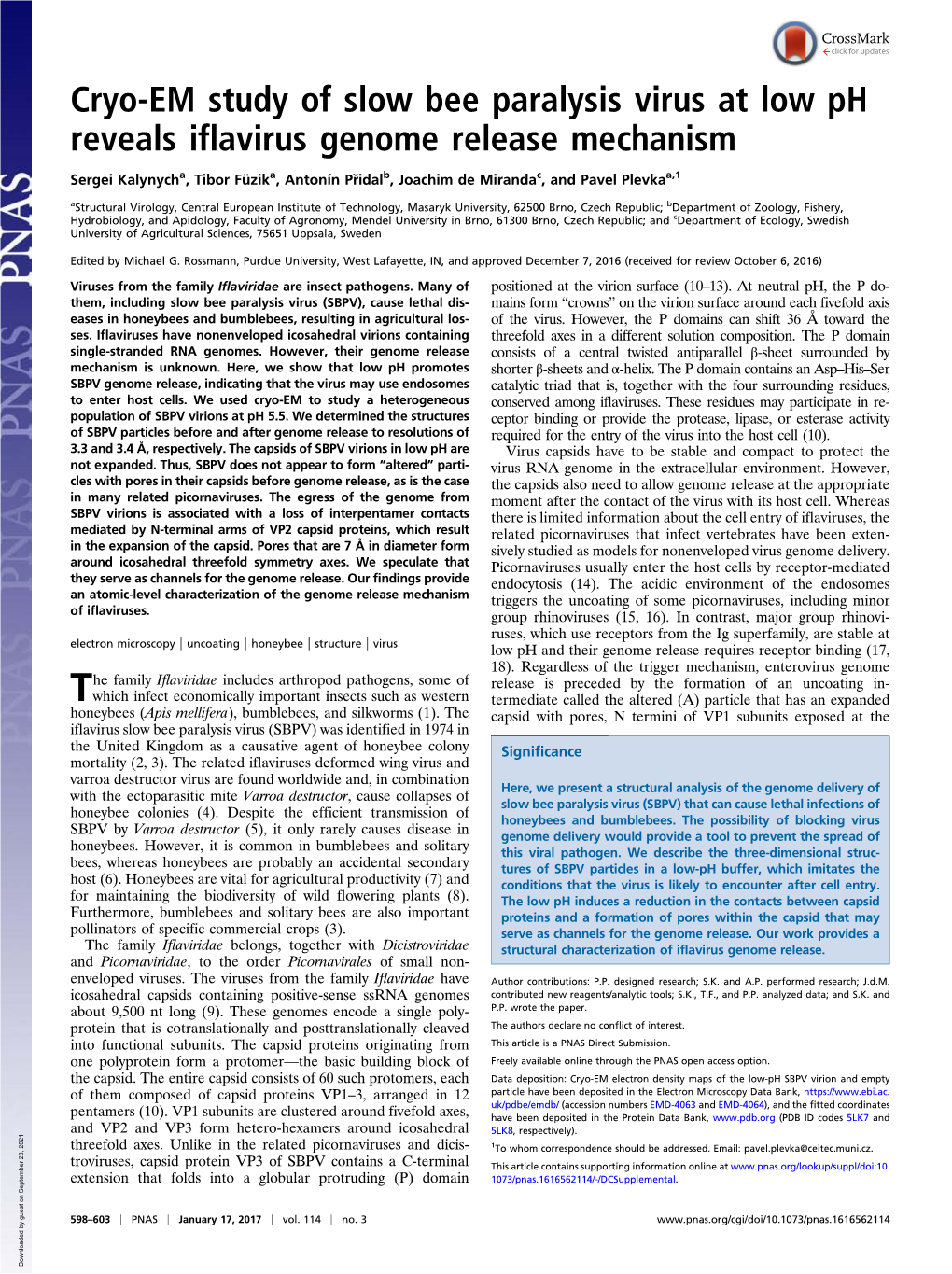 Cryo-EM Study of Slow Bee Paralysis Virus at Low Ph Reveals Iflavirus Genome Release Mechanism