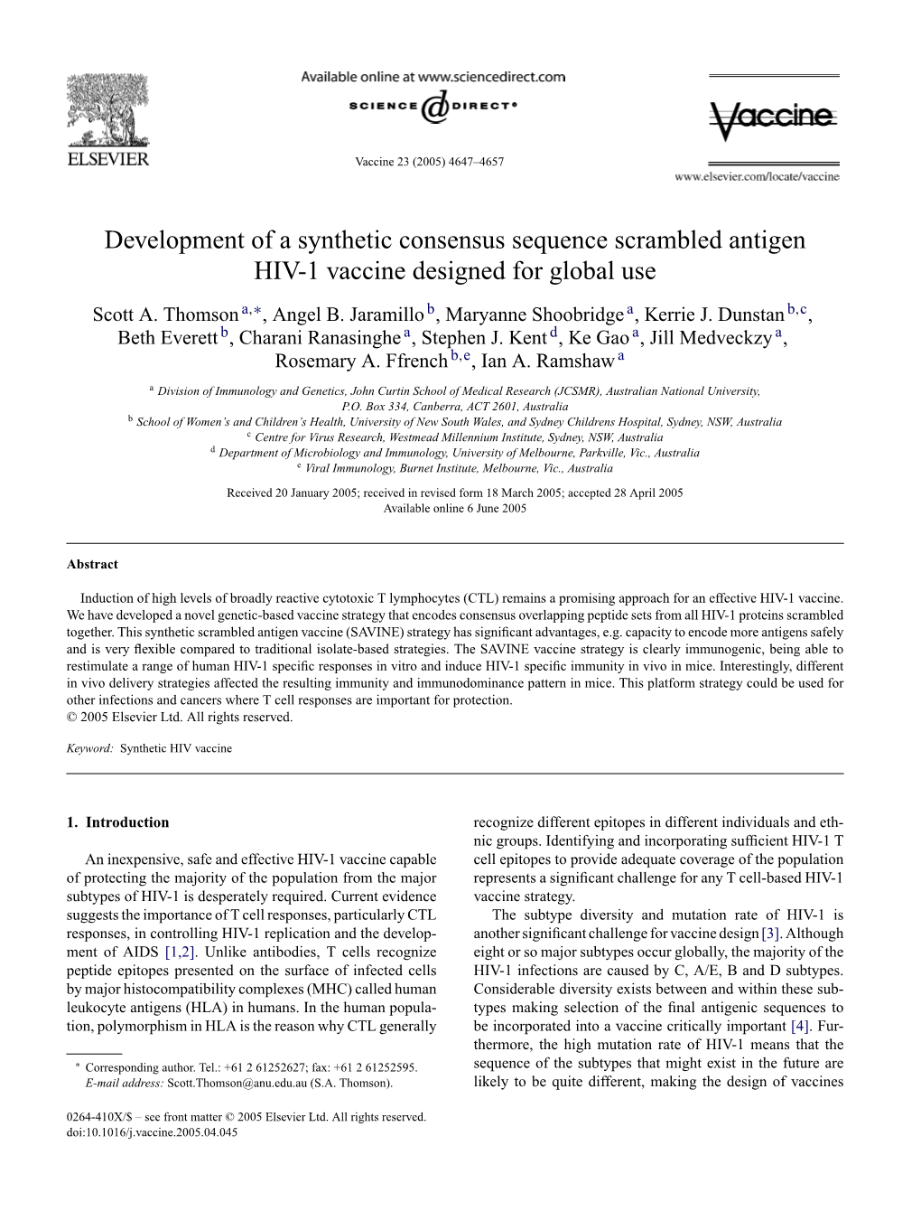 Development of a Synthetic Consensus Sequence Scrambled Antigen HIV-1 Vaccine Designed for Global Use