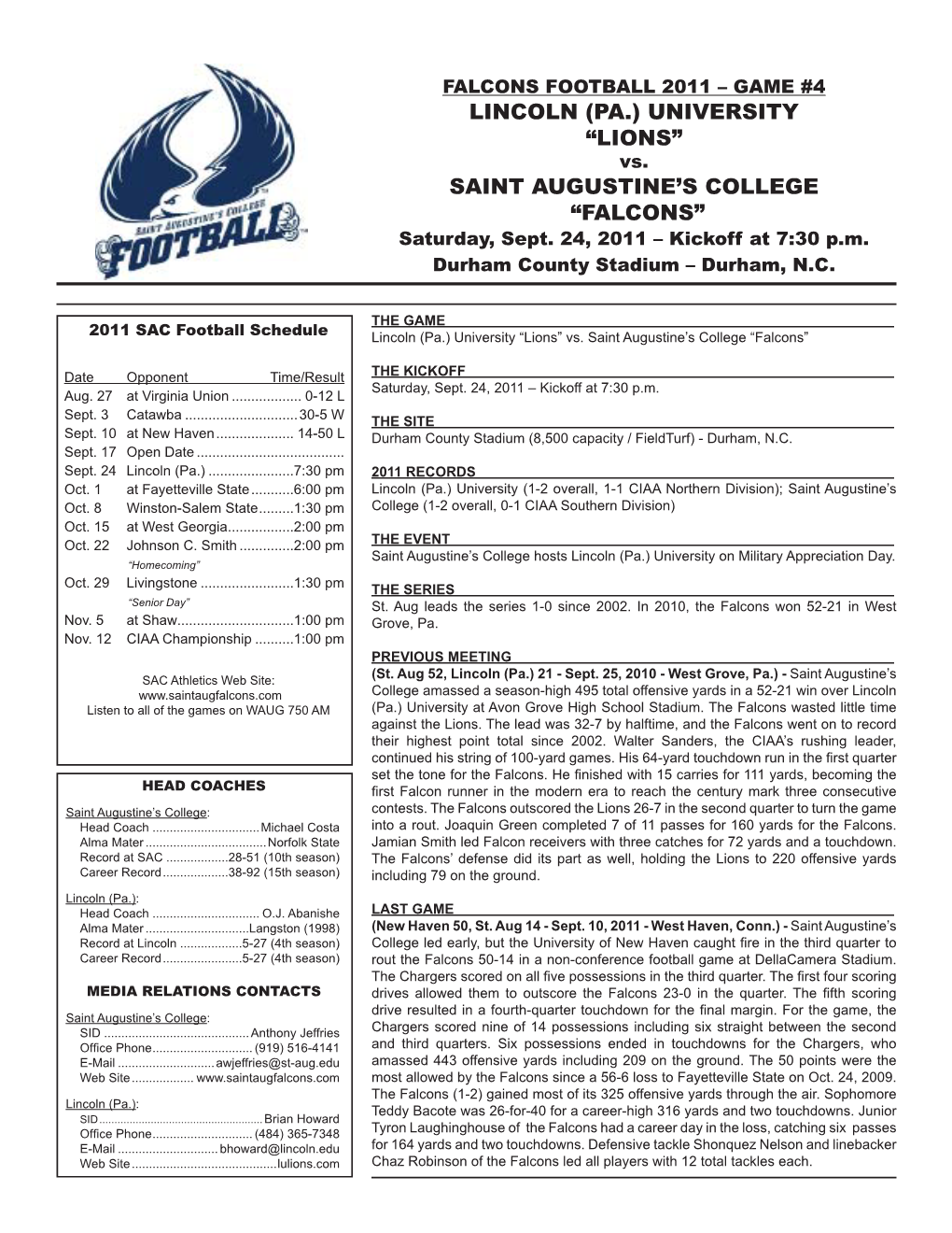 St. Aug FTB Game Notes Vs. Lincoln