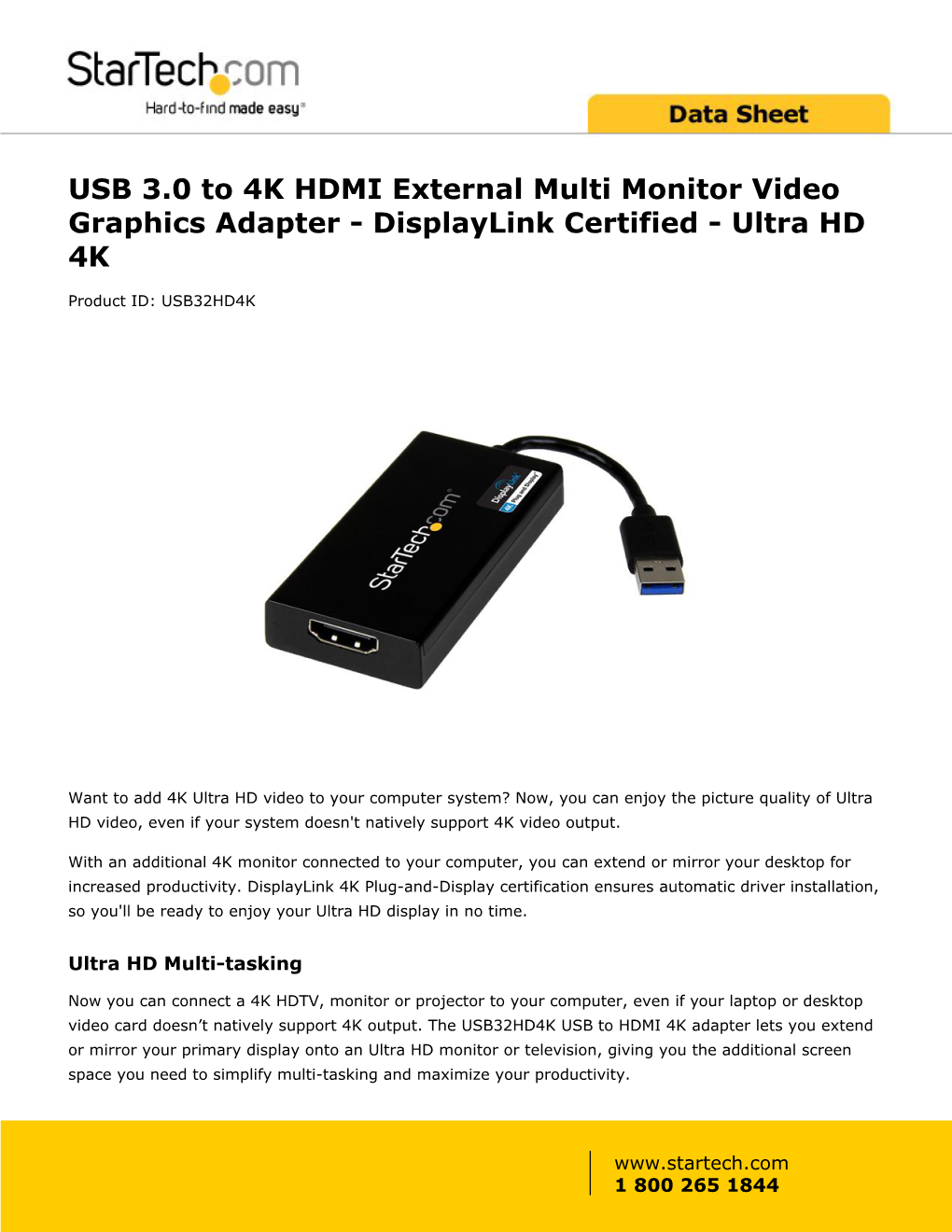 USB 3.0 to 4K HDMI External Multi Monitor Video Graphics Adapter - Displaylink Certified - Ultra HD 4K