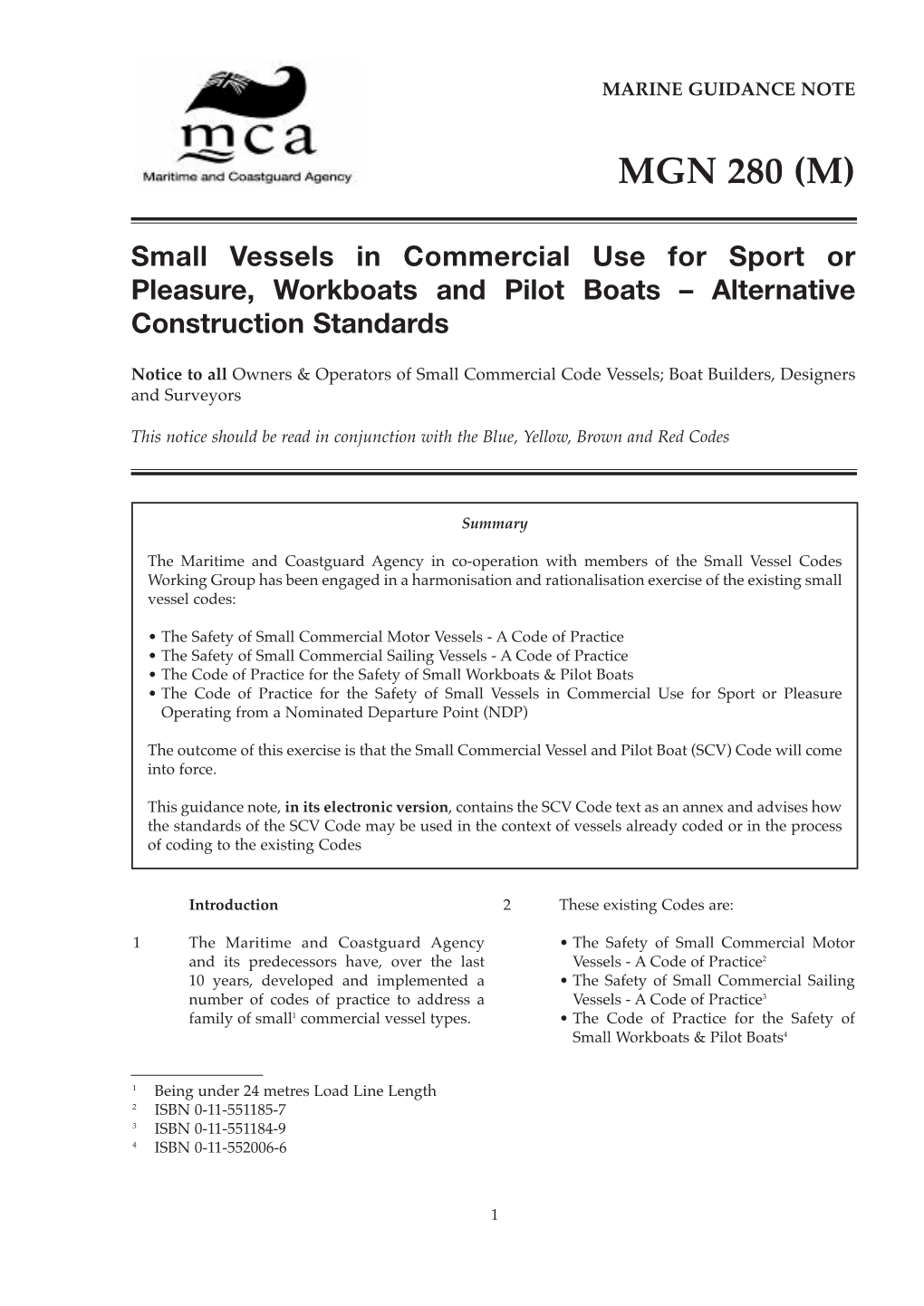 MGN 280 (M) Small Vessels in Commercial Use for Sport Or Pleasure, Workboats and Pilot Boats – Alternative Construction Standards