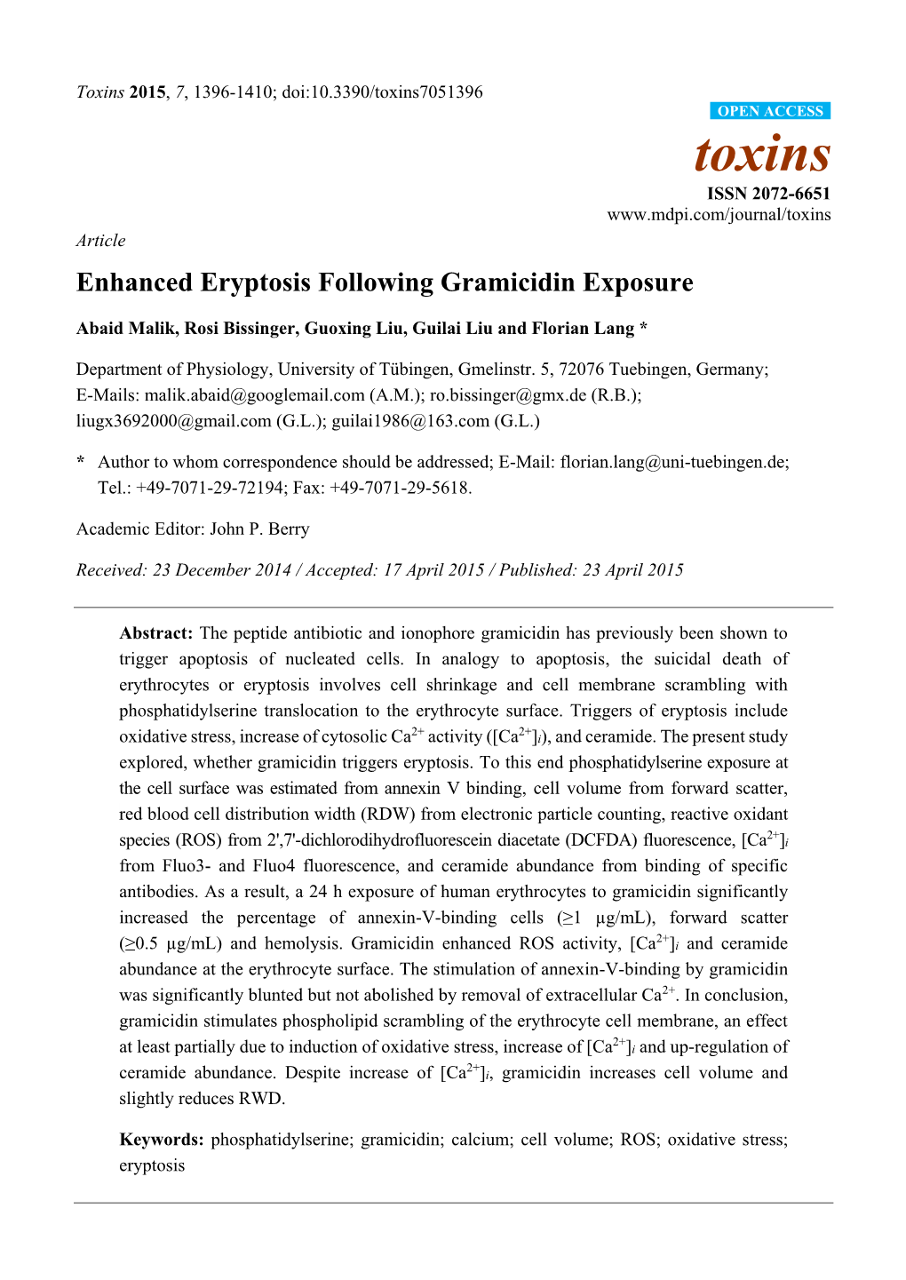 Enhanced Eryptosis Following Gramicidin Exposure