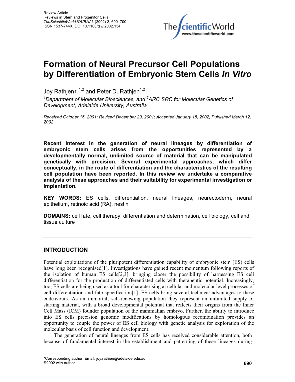 Formation of Neural Precursor Cell Populations by Differentiation of Embryonic Stem Cells in Vitro