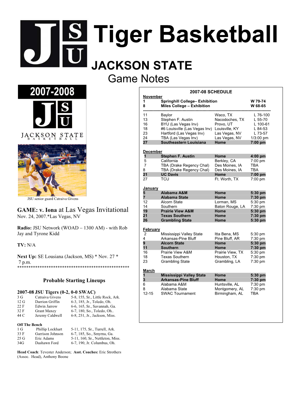 JACKSON STATE Game Notes