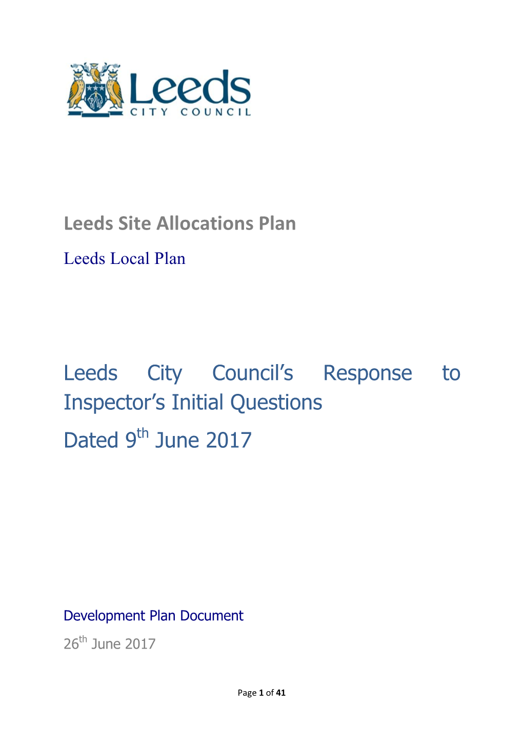 Leeds City Council's Response to Inspector's Initial Questions Dated 9
