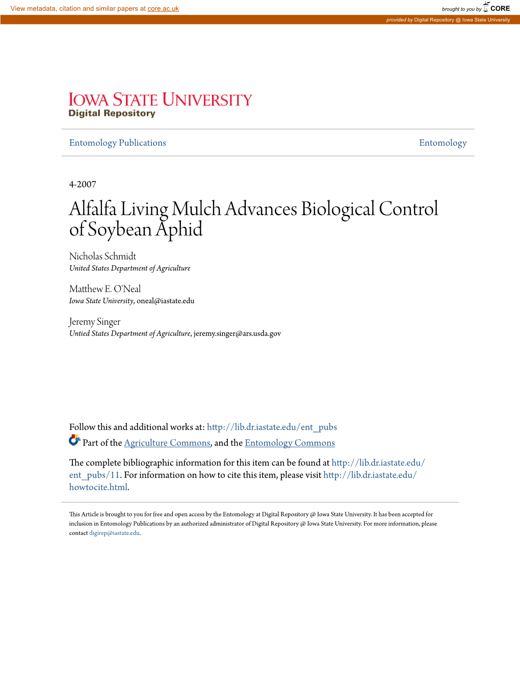 Alfalfa Living Mulch Advances Biological Control of Soybean Aphid Nicholas Schmidt United States Department of Agriculture