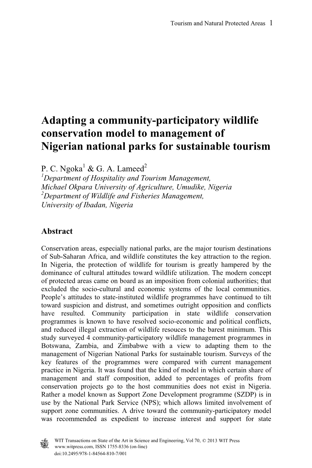 Adapting a Community-Participatory Wildlife Conservation Model to Management of Nigerian National Parks for Sustainable Tourism