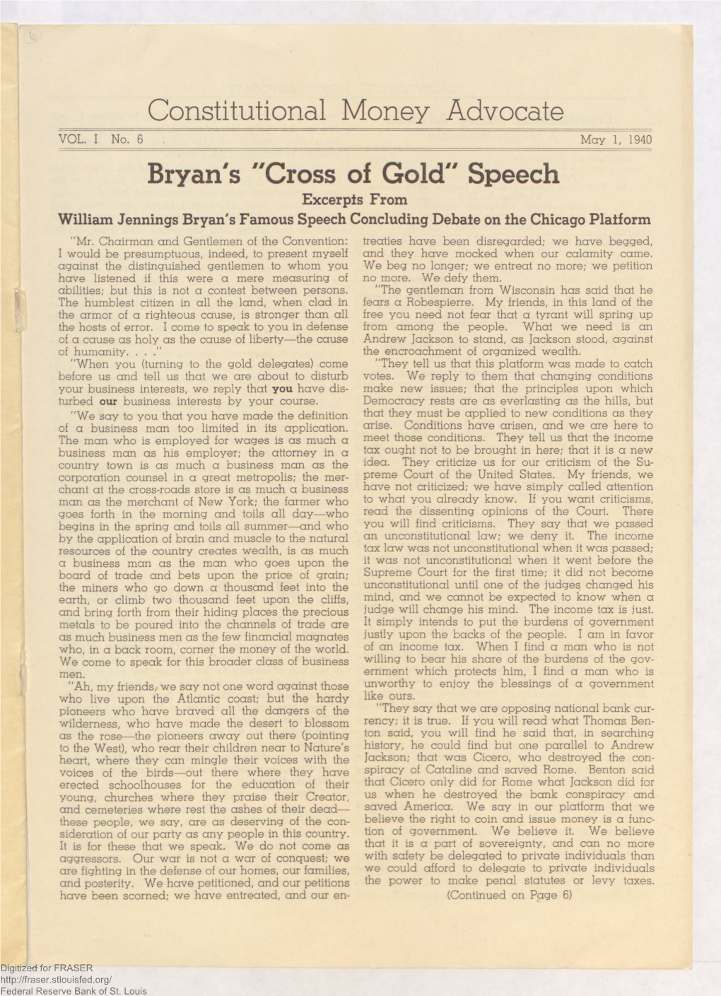 ""Bryan's 'Cross of Gold' Speech"" Constitutional Money Advocate