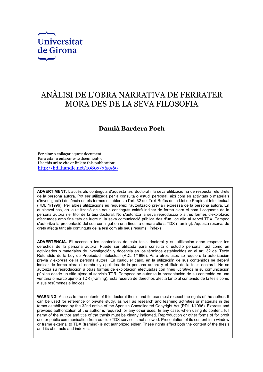 Anàlisi De L'obra Narrativa De Ferrater Mora Des De La Seva Filosofia