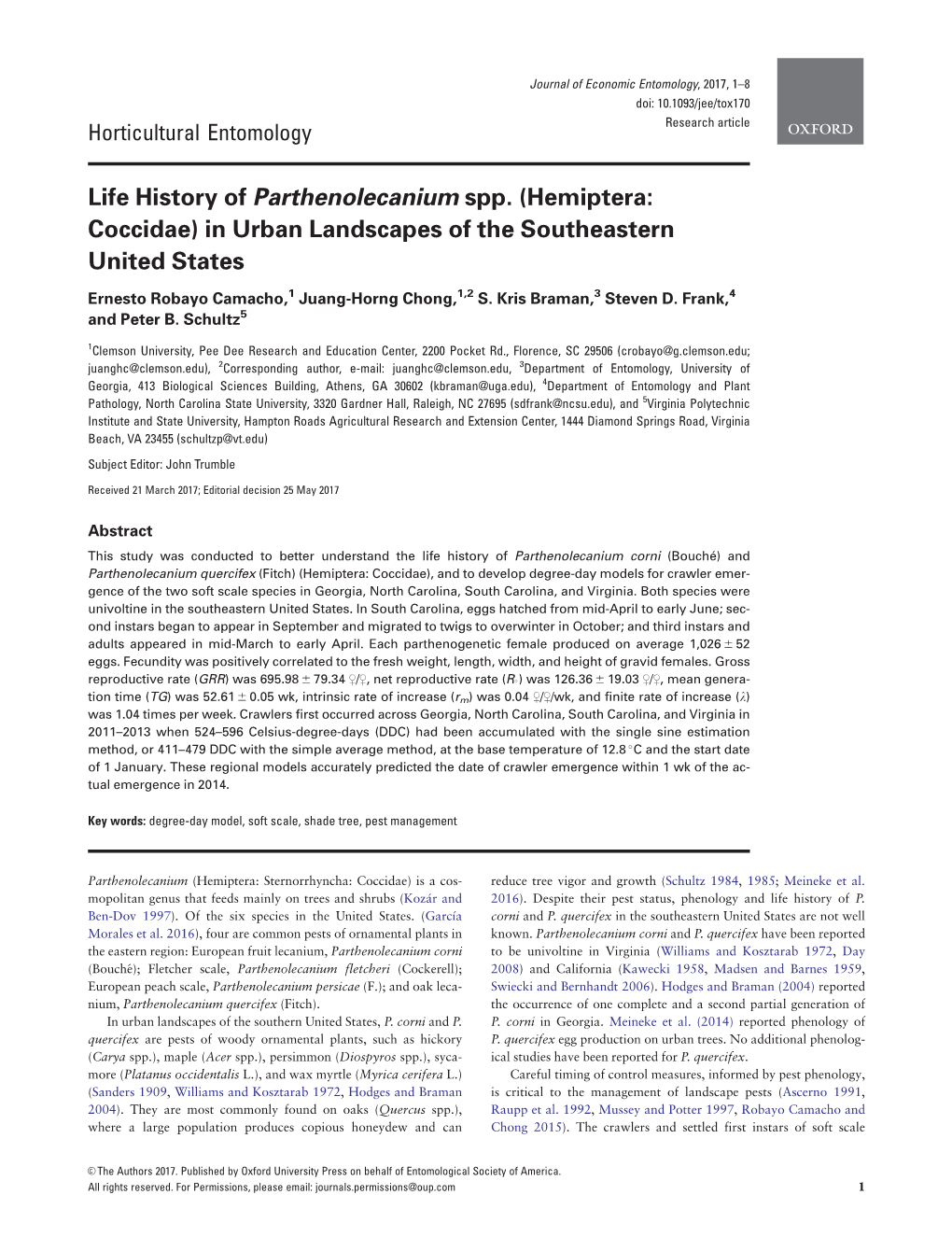 Life History of Parthenolecanium Spp. (Hemiptera: Coccidae) in Urban Landscapes of the Southeastern United States