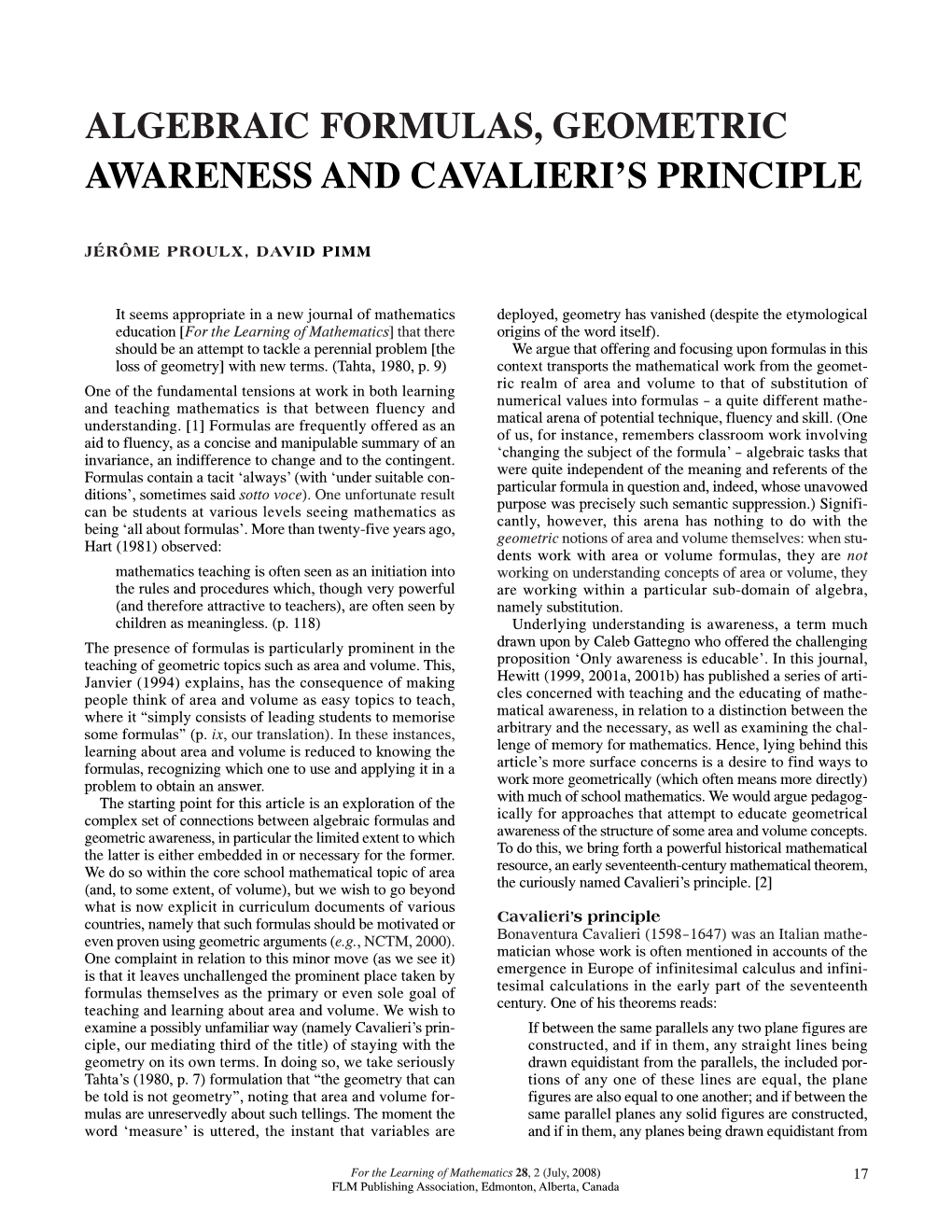 Awareness and Cavalieri's Principle