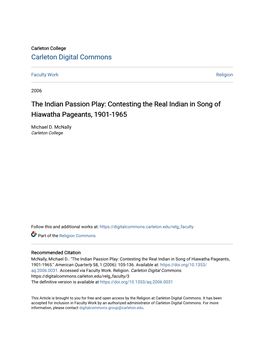 The Indian Passion Play: Contesting the Real Indian in Song of Hiawatha Pageants, 1901-1965