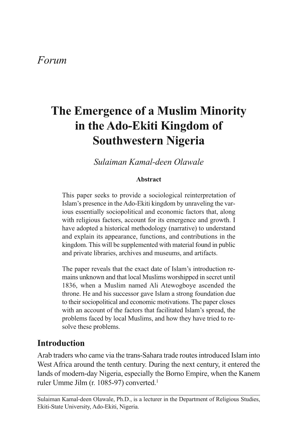 The Emergence of a Muslim Minority in the Ado-Ekiti Kingdom of Southwestern Nigeria