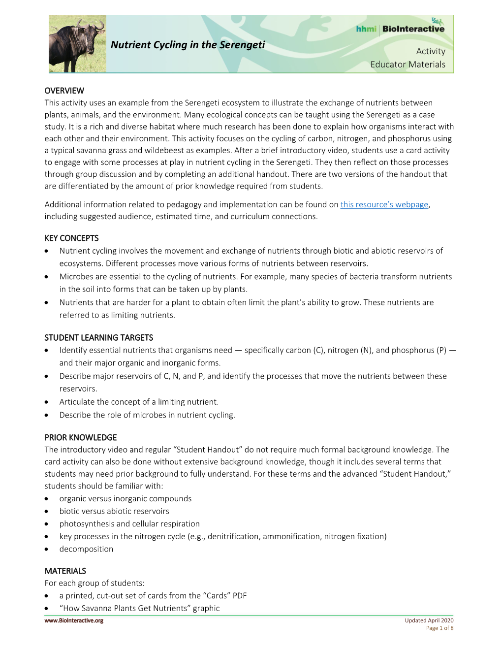 Nutrient Cycling in the Serengeti Educator Materials