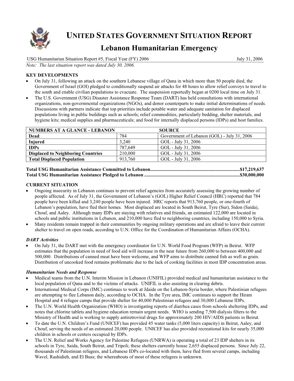 Lebanon Humanitarian Emergency Situation Report #5 07/31/06