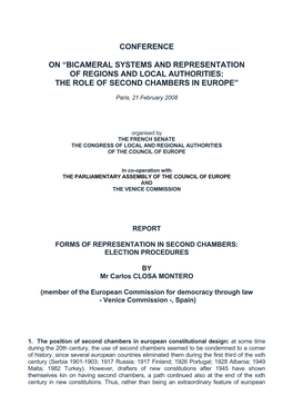 Bicameral Systems and Representation of Regions and Local Authorities: the Role of Second Chambers in Europe”