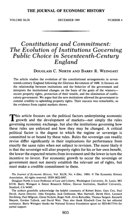 Constitutions and Commitment: the Evolution of Institutions Governing Public Choice in Seventeenth-Century England