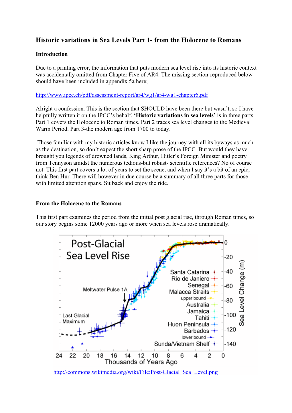 Historic Variations in Sea Levels Part 1- from the Holocene to Romans