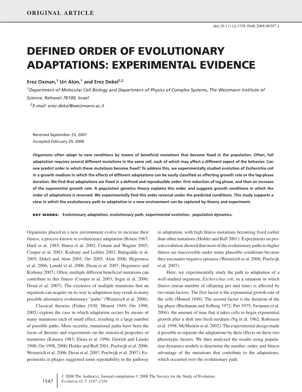 Defined Order of Evolutionary Adaptations: Experimental Evidence