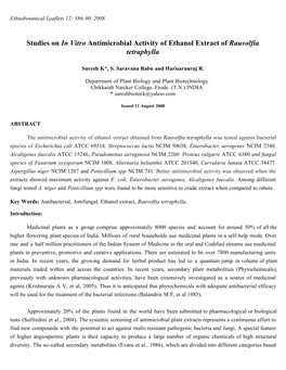 Studies on in Vitro Antimicrobial Activity of Ethanol Extract of Rauvolfia Tetraphylla