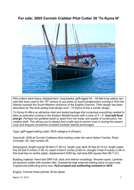 For Sale: 2005 Cornish Crabber Pilot Cutter 30 'To Kyma III'