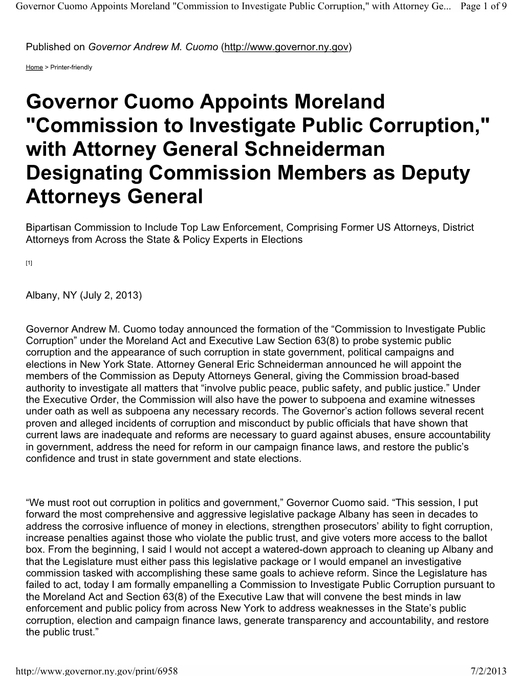 Governor Cuomo Appoints Moreland 