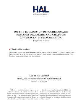 ON the ECOLOGY of DEROCHEILOCARIS REMANEI DELAMARE and CHAPPUIS (CRUSTACEA, MYSTACOCARIDA) Bengt-Owe Jansson