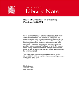 House of Lords: Reform of Working Practices, 2000–2012