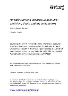 Howard Barker's 'Monstrous Assaults': Eroticism, Death and the Antique Text