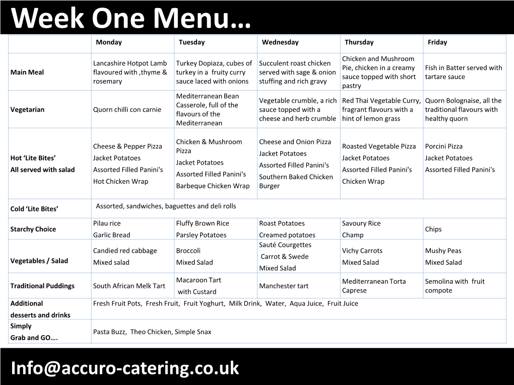 Week One Menu… Monday Tuesday Wednesday Thursday Friday