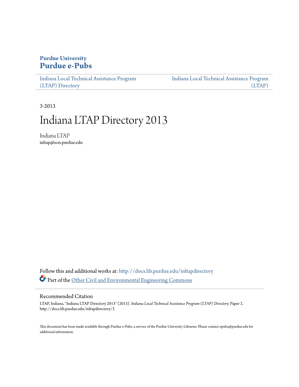 Indiana LTAP Directory 2013 Indiana LTAP Inltap@Ecn.Purdue.Edu