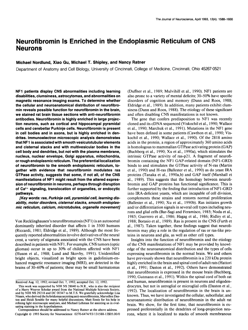 Neurofibromin Is Enriched in the Endoplasmic Reticulum of CNS Neurons