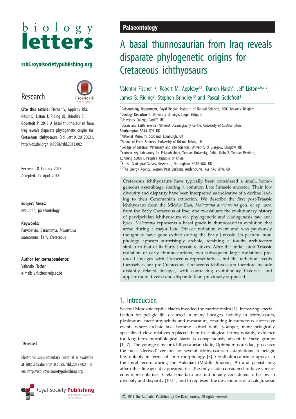 A Basal Thunnosaurian from Iraq Reveals Disparate Phylogenetic Origins for Rsbl.Royalsocietypublishing.Org Cretaceous Ichthyosaurs