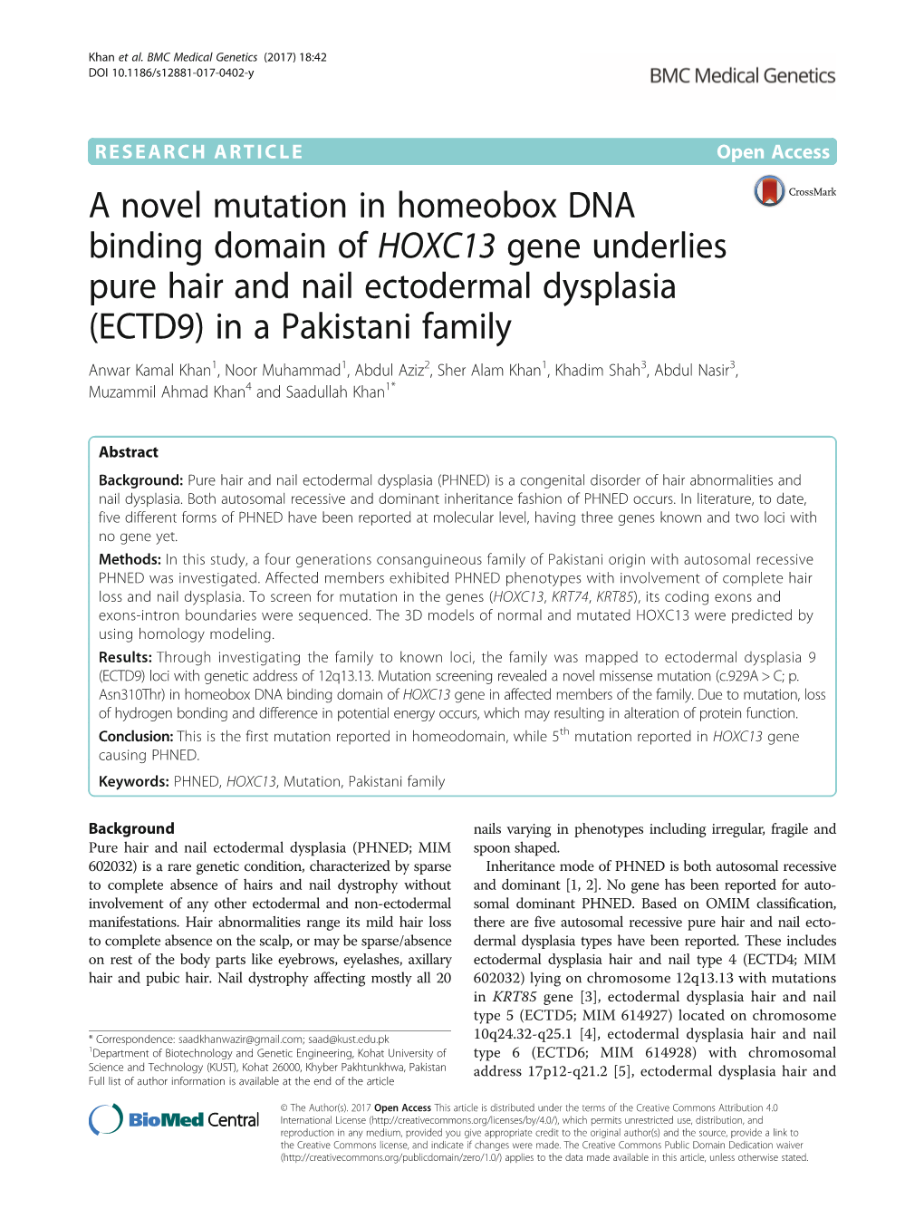A Novel Mutation in Homeobox DNA Binding Domain of HOXC13 Gene