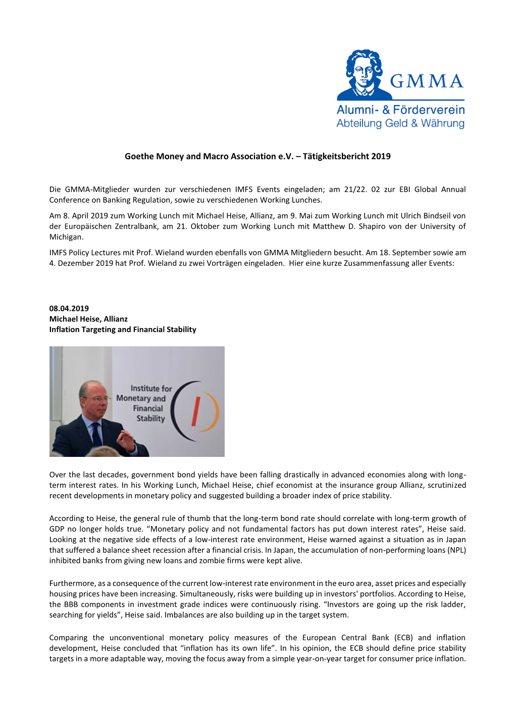 Goethe Money and Macro Association E.V. – Tätigkeitsbericht 2019