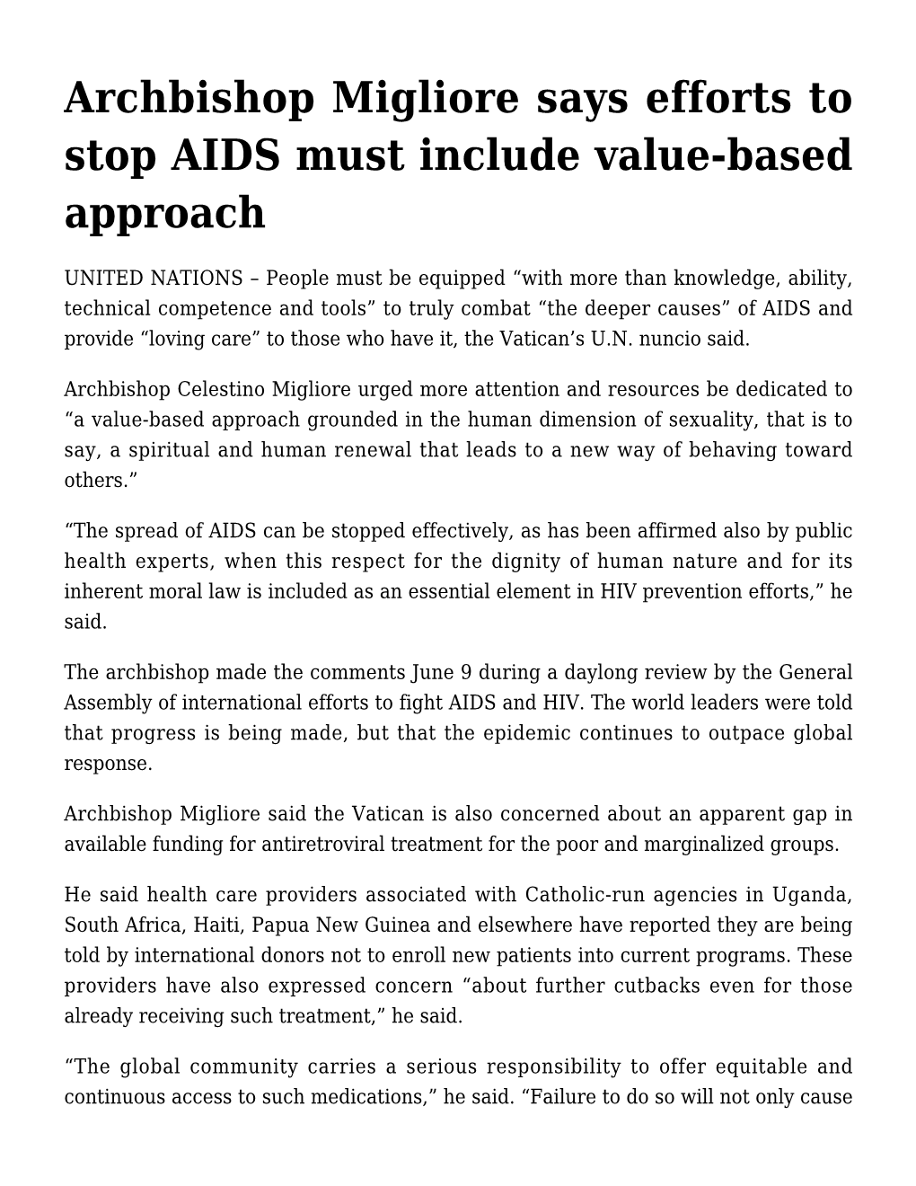 Archbishop Migliore Says Efforts to Stop AIDS Must Include Value-Based Approach