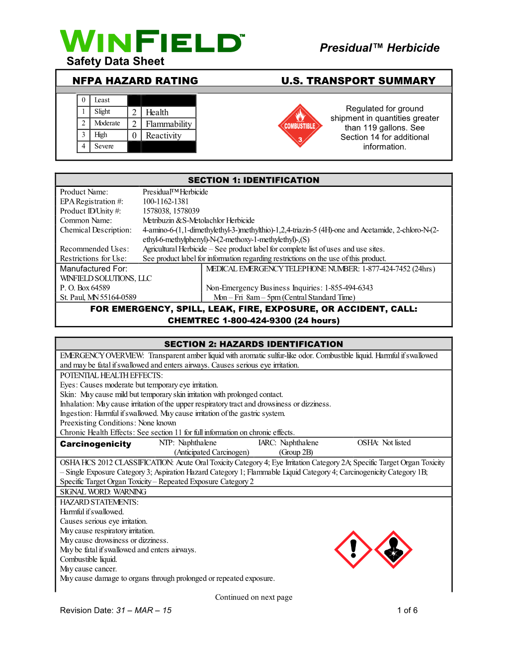 Presidual™ Herbicide Safety Data Sheet