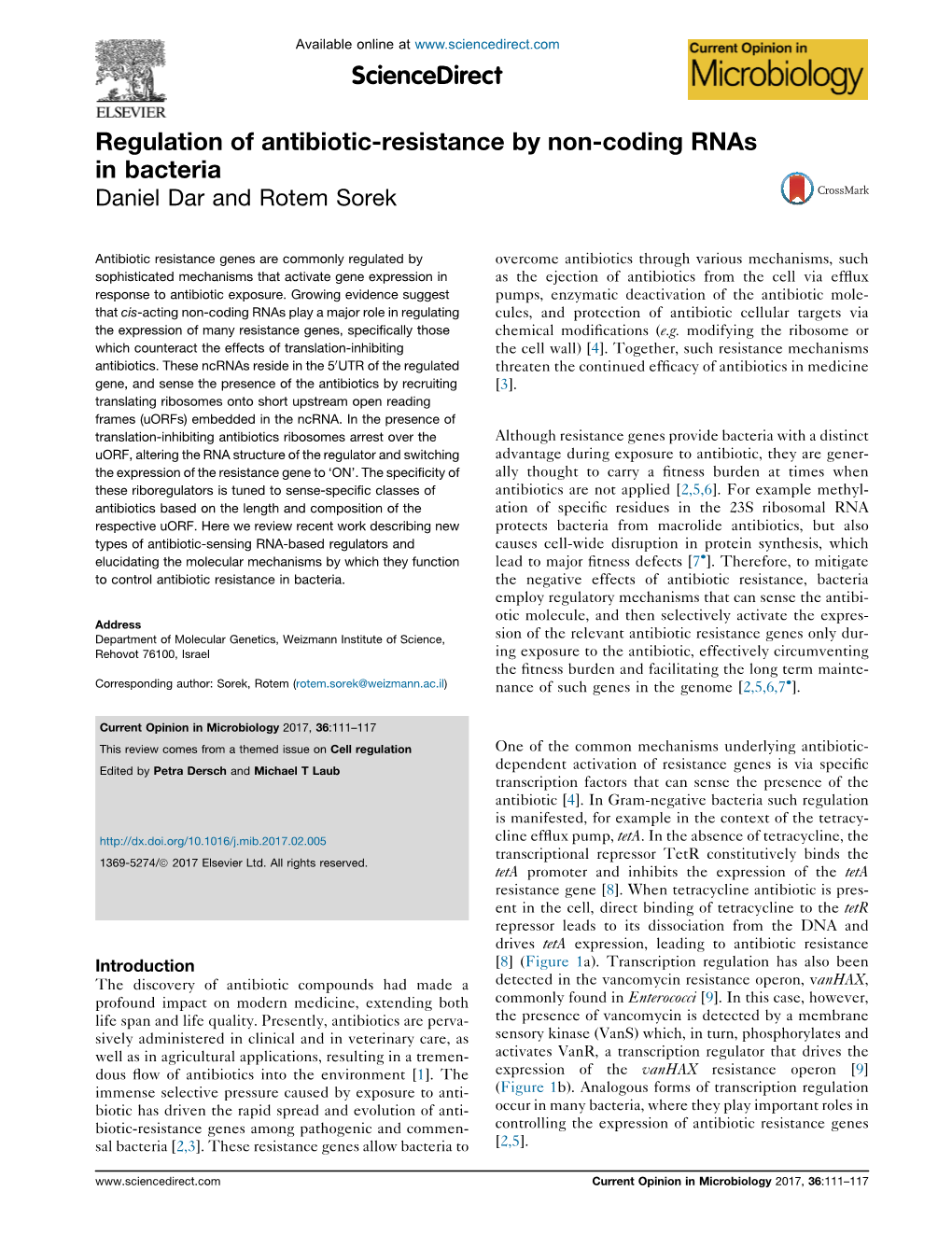 Regulation of Antibiotic-Resistance by Non-Coding Rnas in Bacteria Dar and Sorek 113