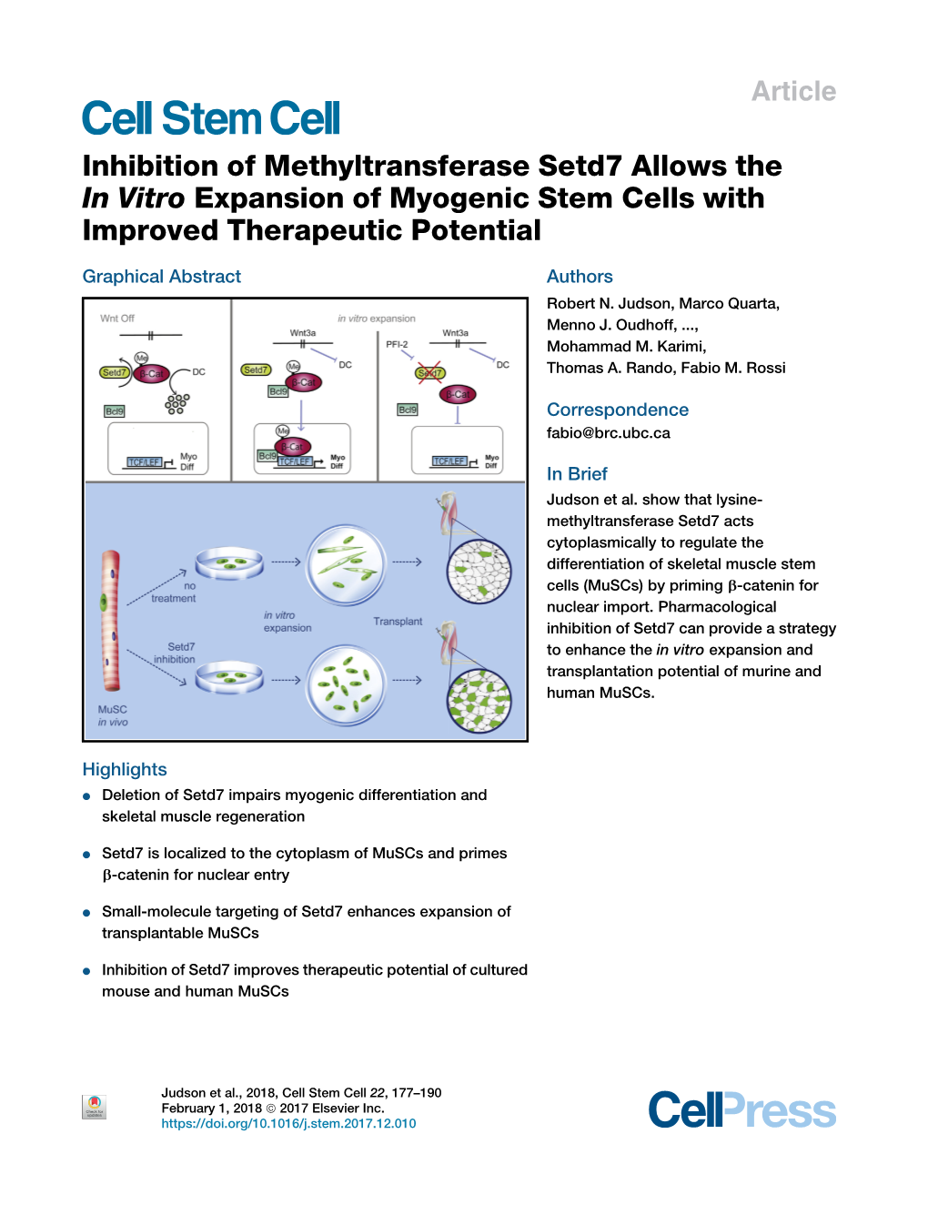 Inhibition of Methyltransferase Setd7 Allows the in Vitro Expansion of Myogenic Stem Cells with Improved Therapeutic Potential