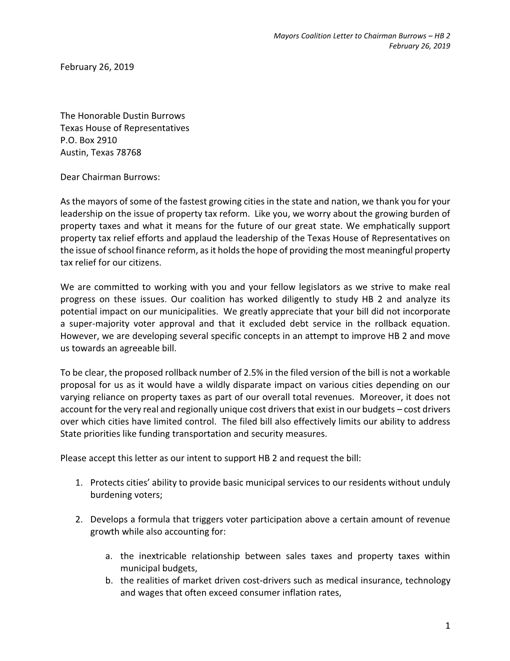 Letter to Chairman Burrows – HB 2 February 26, 2019