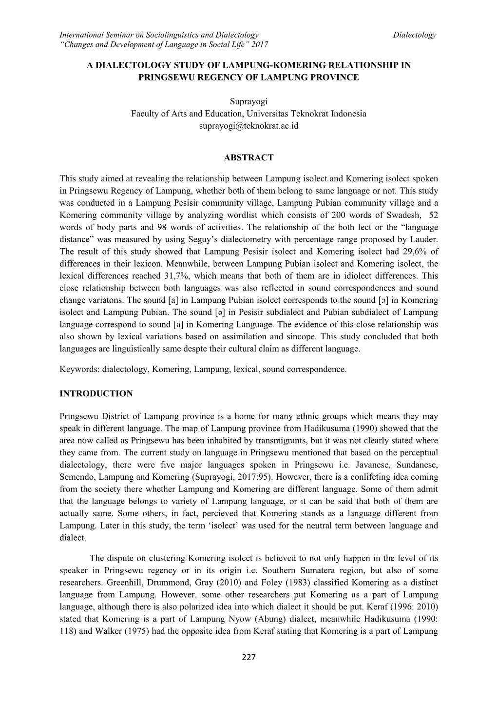 227 a Dialectology Study of Lampung-Komering