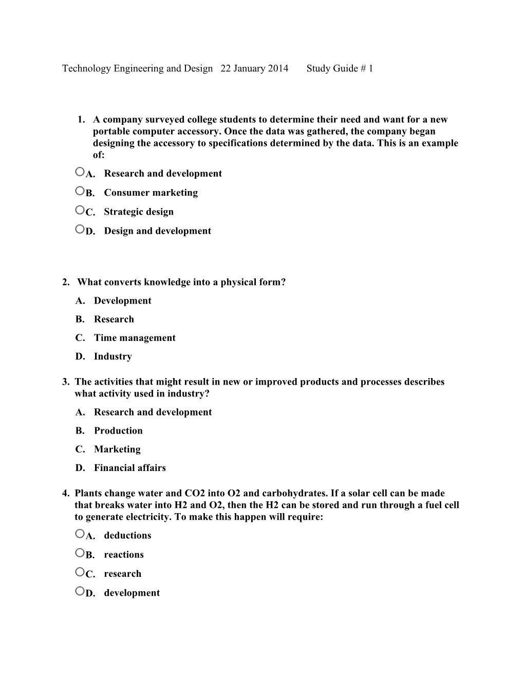 Technology Engineering and Design 22 January 2014 Study Guide # 1