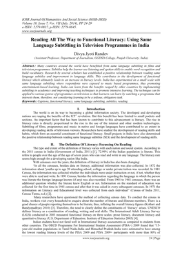 Reading All the Way to Functional Literacy: Using Same Language Subtitling in Television Programmes in India