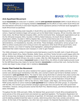 Anti-Apartheid Movement Social Movements Are Rarely Born in Isolation, and the Anti-Apartheid Movement (AAM) in South Africa Is No Different