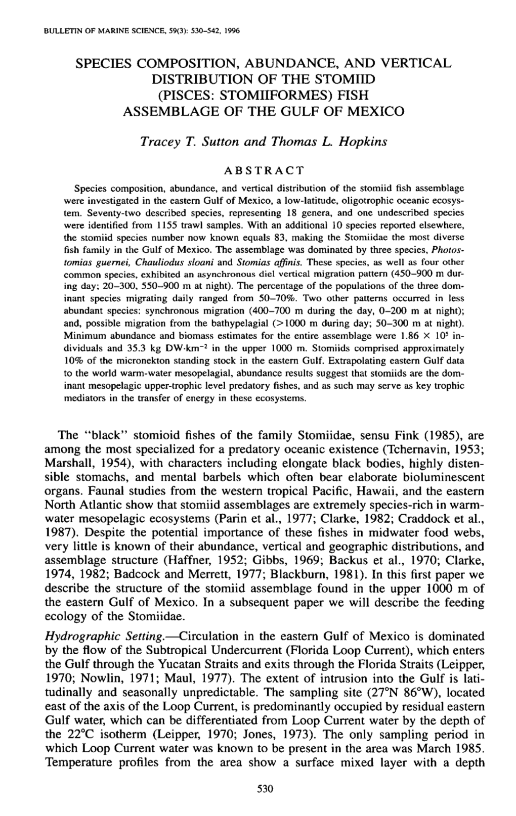 Species Composition, Abundance, and Vertical Distribution of the Stomiid (Pisces: Stomiiformes) Fish Assemblage of the Gulf of Mexico