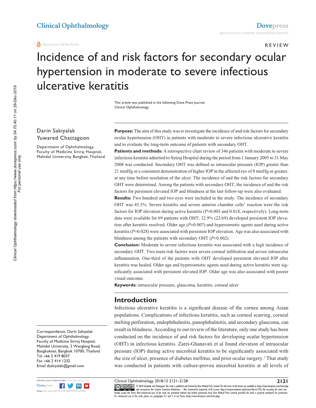 Incidence of and Risk Factors for Secondary Ocular Hypertension in Moderate to Severe Infectious Ulcerative Keratitis