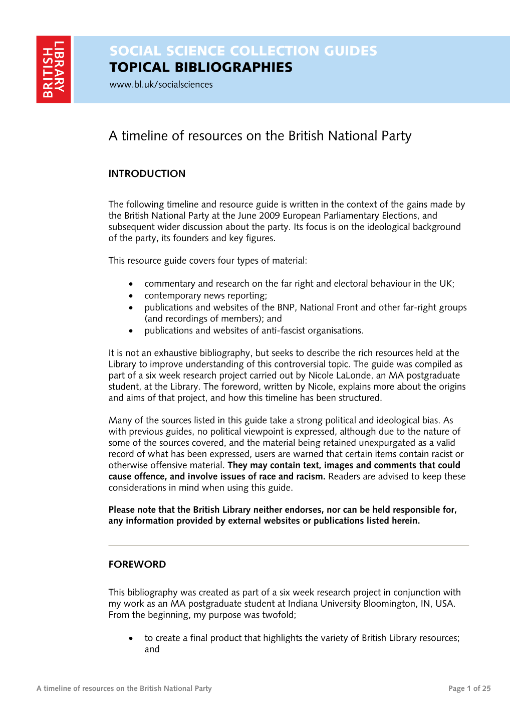 British National Party: Topical Bibliography